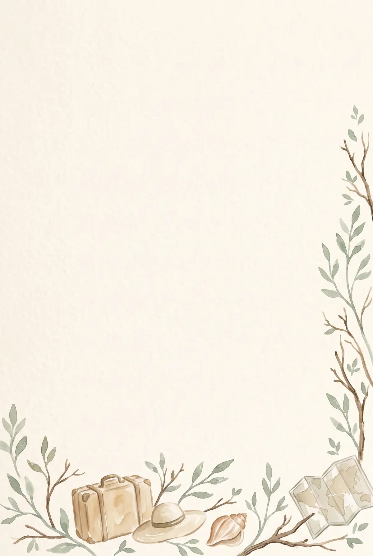 Ein Blatt aus dem Design „Lebensmitte“: helles Aquarellpapier, unten ein Koffer, ein Strohhut, eine Muschel und eine gefaltete Weltkarte zwischen Zweigen.