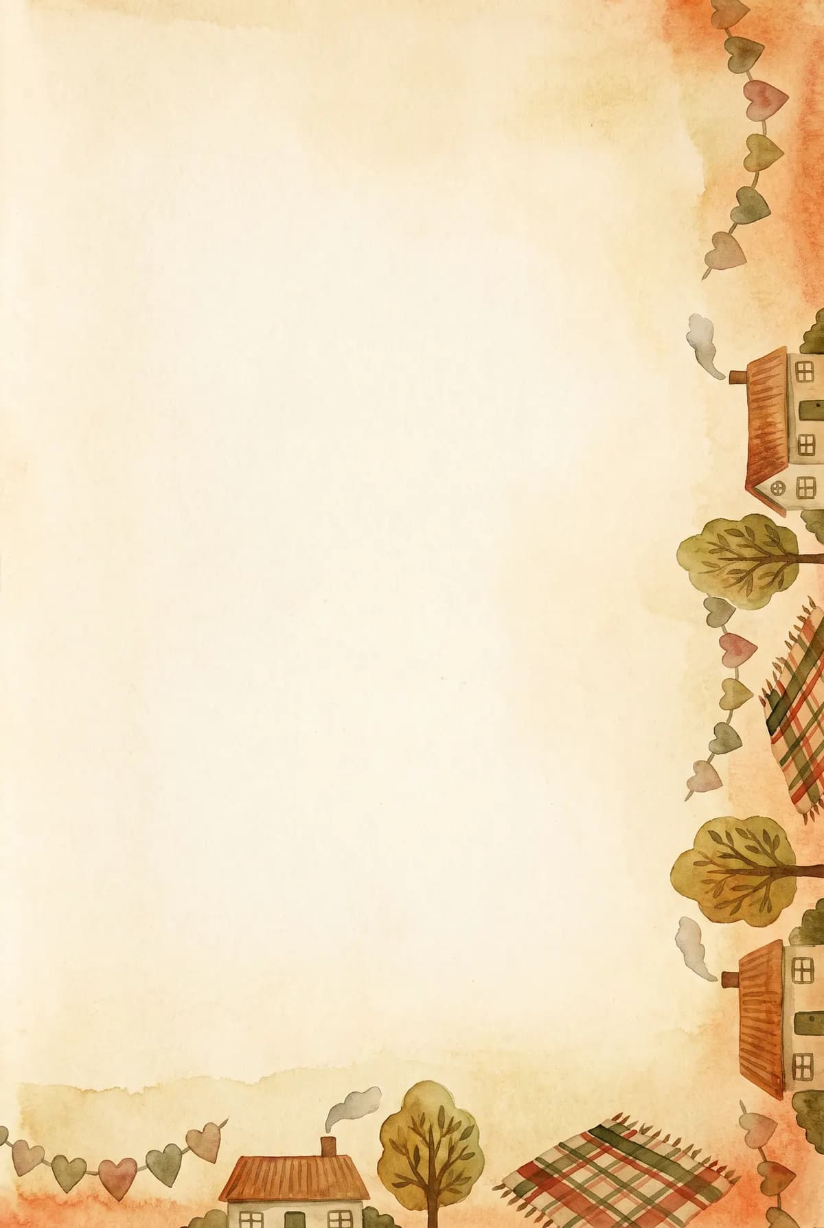 Ein Blatt aus dem Design „Ruhestand“: warmes Aquarellpapier, am Rand kleine Häuser, Bäume, eine karierte Decke und eine Girlande aus Herzen.
